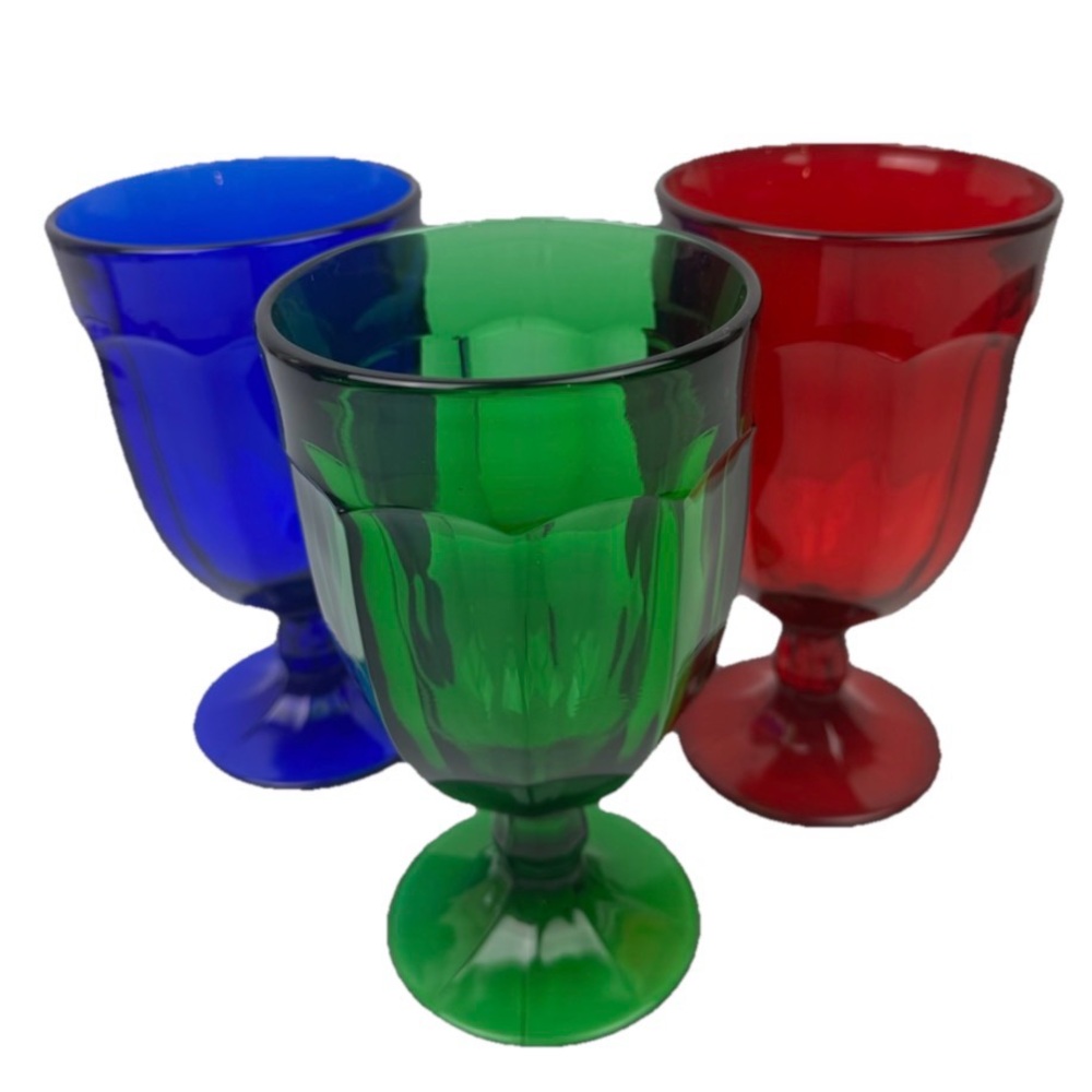 VTG Viking Georgian Glass Water Goblets Set Of 3 Ruby Cobalt Emerald MCM Glasses